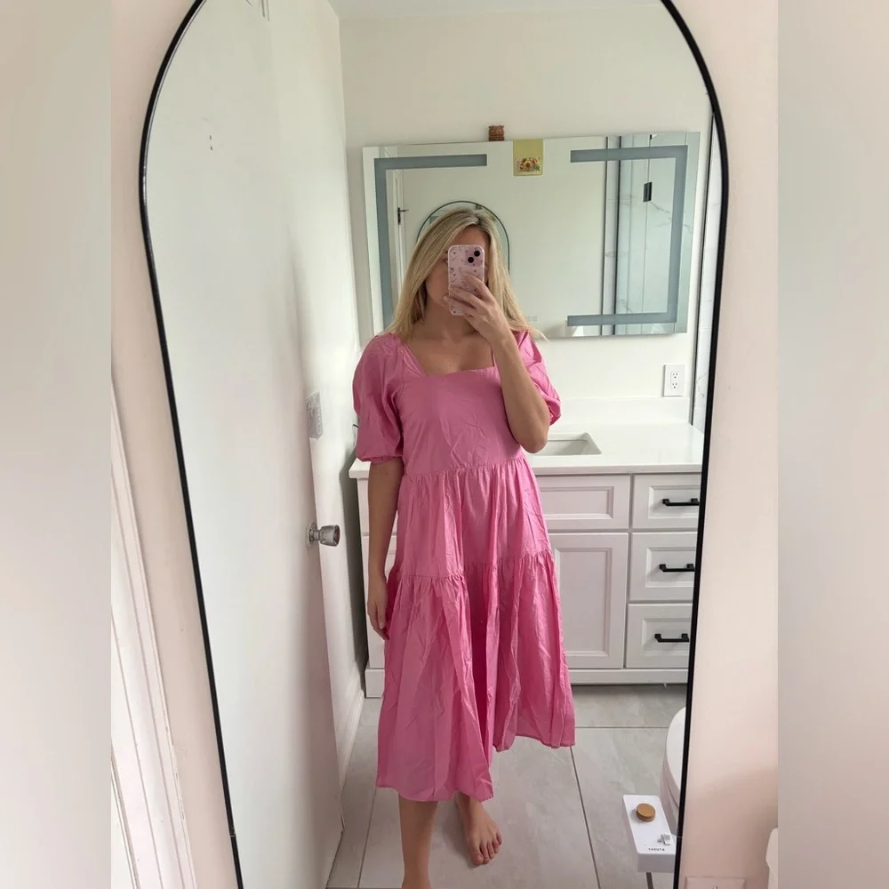 Moon River Pink Open Back Puff Sleeve Midi Dress - Picture 10 of 12